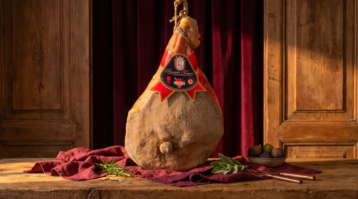 Prosciutto Toscano DOP intero con osso prodotto nello stabilimento Ghelli, Quarrata (PT)